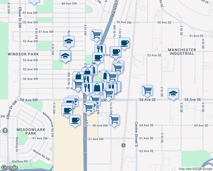 map of restaurants, bars, coffee shops, grocery stores, and more near in Calgary