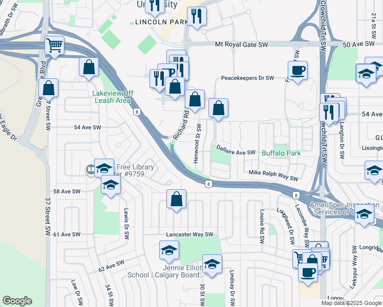 map of restaurants, bars, coffee shops, grocery stores, and more near 5605 Henwood Street Southwest in Calgary