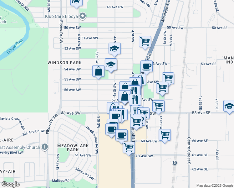 map of restaurants, bars, coffee shops, grocery stores, and more near 505 56 Avenue Southwest in Calgary