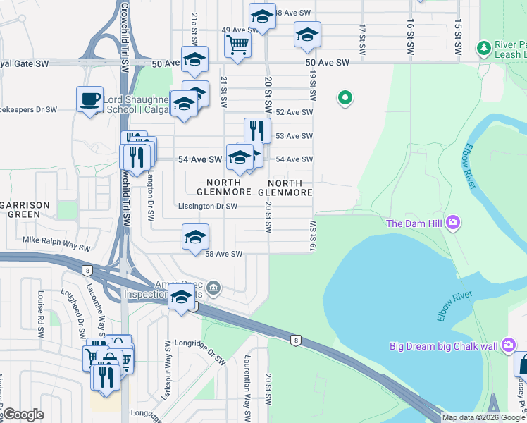 map of restaurants, bars, coffee shops, grocery stores, and more near 5707 20 Street Southwest in Calgary
