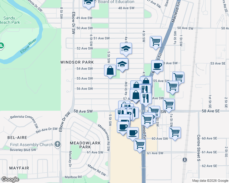 map of restaurants, bars, coffee shops, grocery stores, and more near 525 56 Avenue Southwest in Calgary