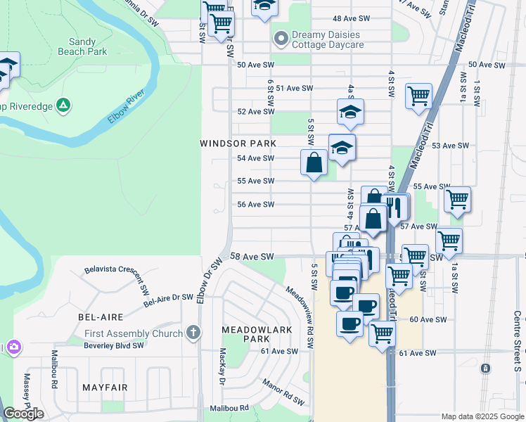 map of restaurants, bars, coffee shops, grocery stores, and more near 705 56 Avenue Southwest in Calgary