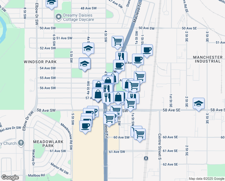 map of restaurants, bars, coffee shops, grocery stores, and more near 5720 Macleod Trail in Calgary