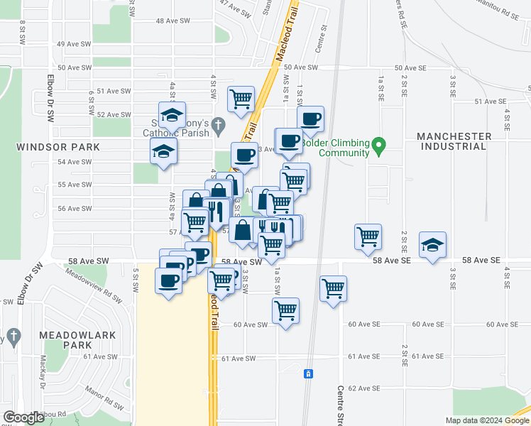 map of restaurants, bars, coffee shops, grocery stores, and more near in Calgary