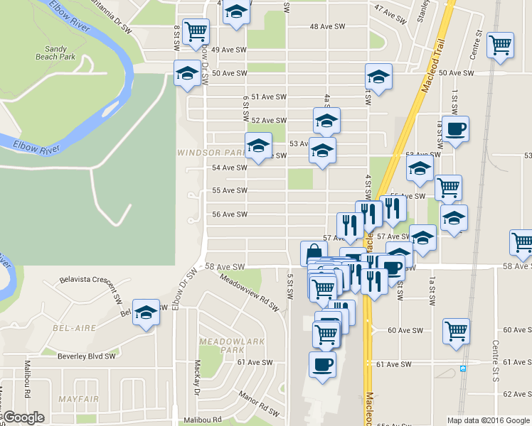 map of restaurants, bars, coffee shops, grocery stores, and more near in Calgary