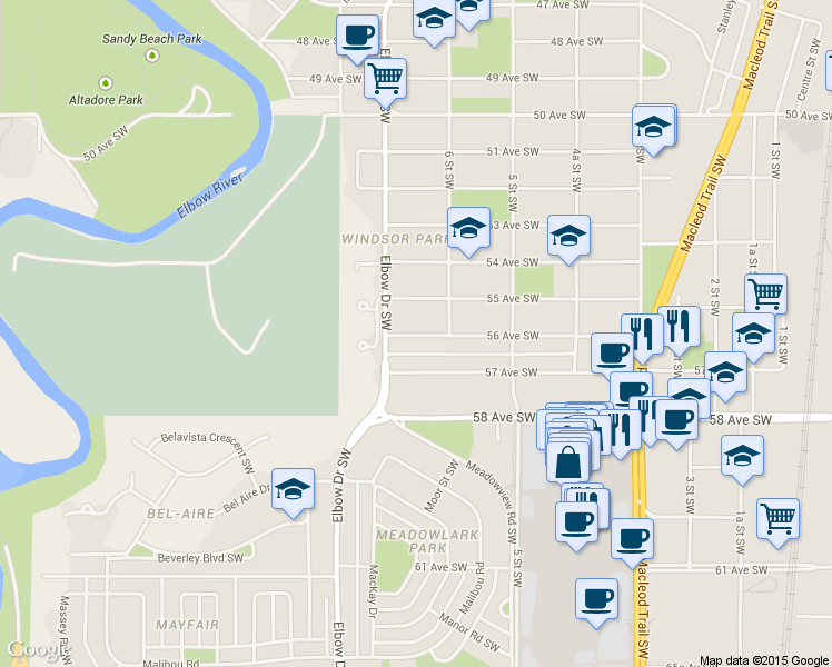 map of restaurants, bars, coffee shops, grocery stores, and more near 705 56 Avenue Southwest in Calgary