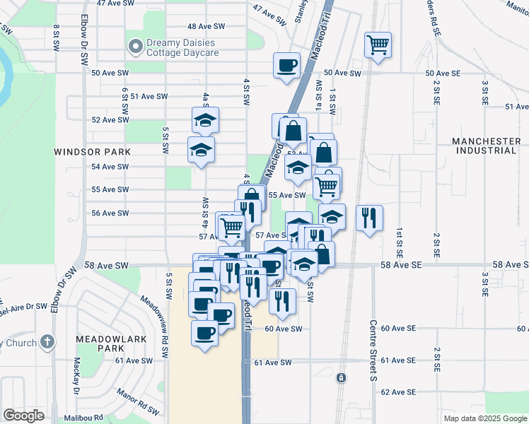 map of restaurants, bars, coffee shops, grocery stores, and more near 5720 Macleod Trail in Calgary