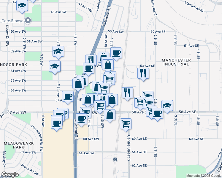 map of restaurants, bars, coffee shops, grocery stores, and more near 5718 1 Street Southwest in Calgary