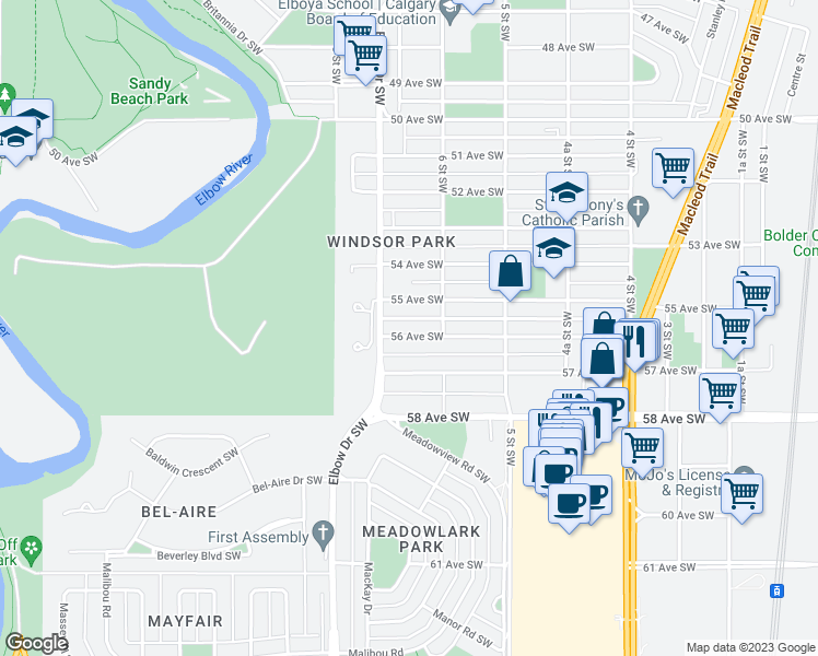 map of restaurants, bars, coffee shops, grocery stores, and more near 722 56 Avenue Southwest in Calgary