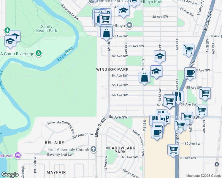 map of restaurants, bars, coffee shops, grocery stores, and more near 732 55 Avenue Southwest in Calgary