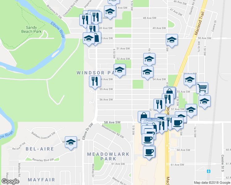 map of restaurants, bars, coffee shops, grocery stores, and more near 641 55 Avenue Southwest in Calgary