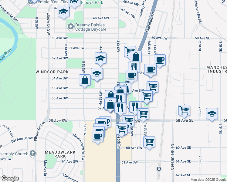 map of restaurants, bars, coffee shops, grocery stores, and more near 406 55 Avenue Southwest in Calgary