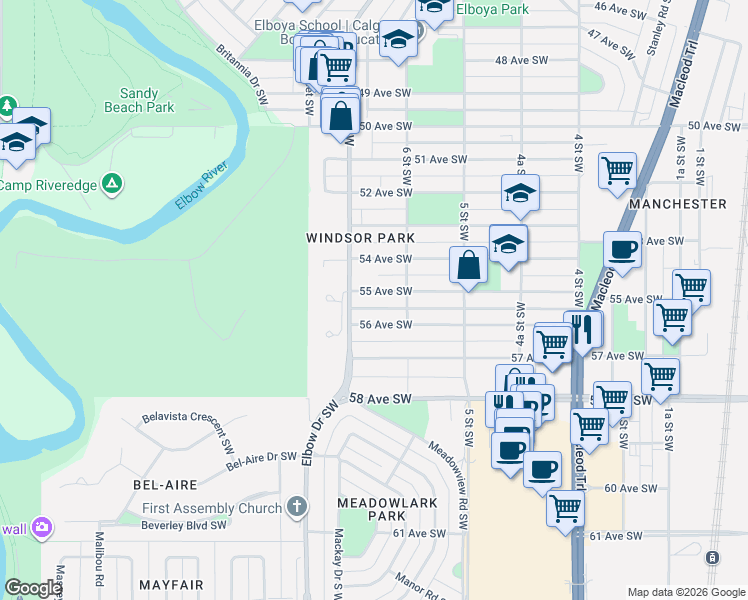 map of restaurants, bars, coffee shops, grocery stores, and more near 732 55 Avenue Southwest in Calgary