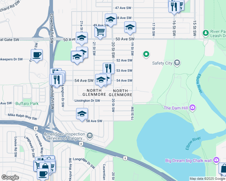map of restaurants, bars, coffee shops, grocery stores, and more near 4 Laneham Place Southwest in Calgary