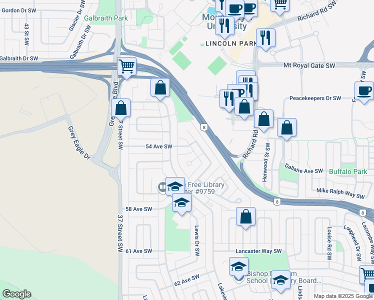map of restaurants, bars, coffee shops, grocery stores, and more near 3411 54 Avenue Southwest in Calgary
