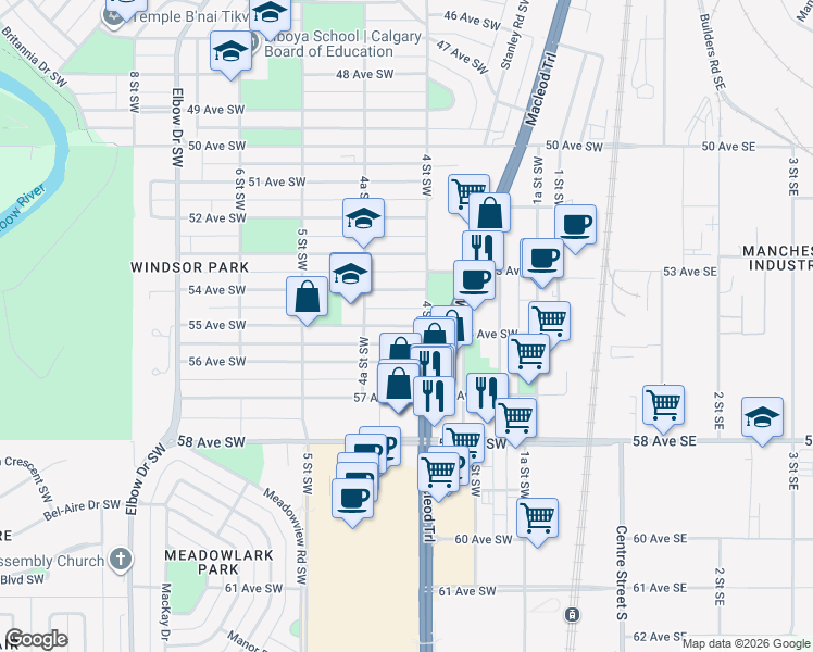 map of restaurants, bars, coffee shops, grocery stores, and more near 412 55 Avenue Southwest in Calgary
