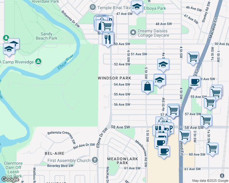 map of restaurants, bars, coffee shops, grocery stores, and more near 732 55 Avenue Southwest in Calgary