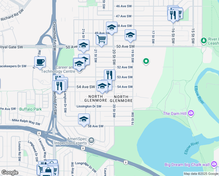 map of restaurants, bars, coffee shops, grocery stores, and more near 4 Laneham Place Southwest in Calgary