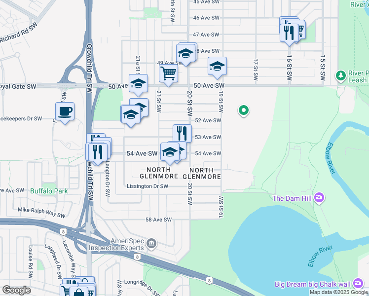 map of restaurants, bars, coffee shops, grocery stores, and more near in Calgary