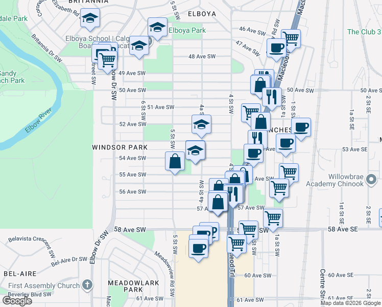 map of restaurants, bars, coffee shops, grocery stores, and more near 514 54 Avenue Southwest in Calgary