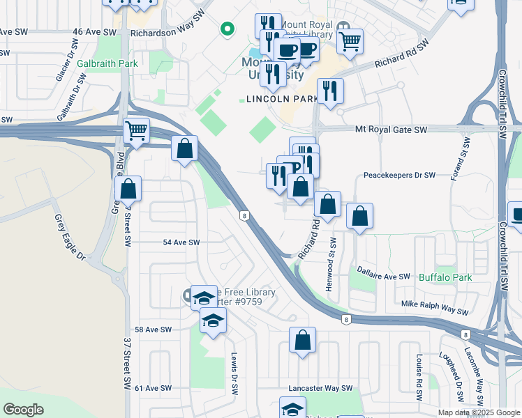map of restaurants, bars, coffee shops, grocery stores, and more near 37 Richard Way Southwest in Calgary