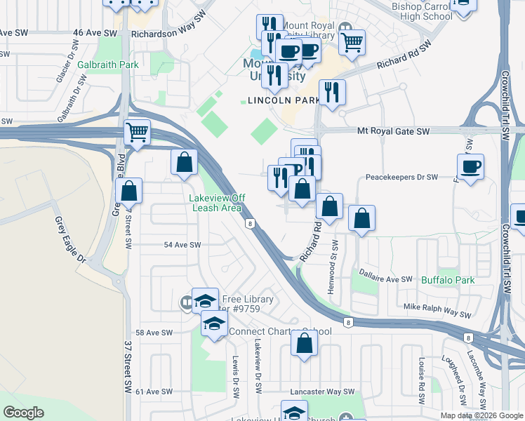 map of restaurants, bars, coffee shops, grocery stores, and more near 37 Richard Way SW in Calgary