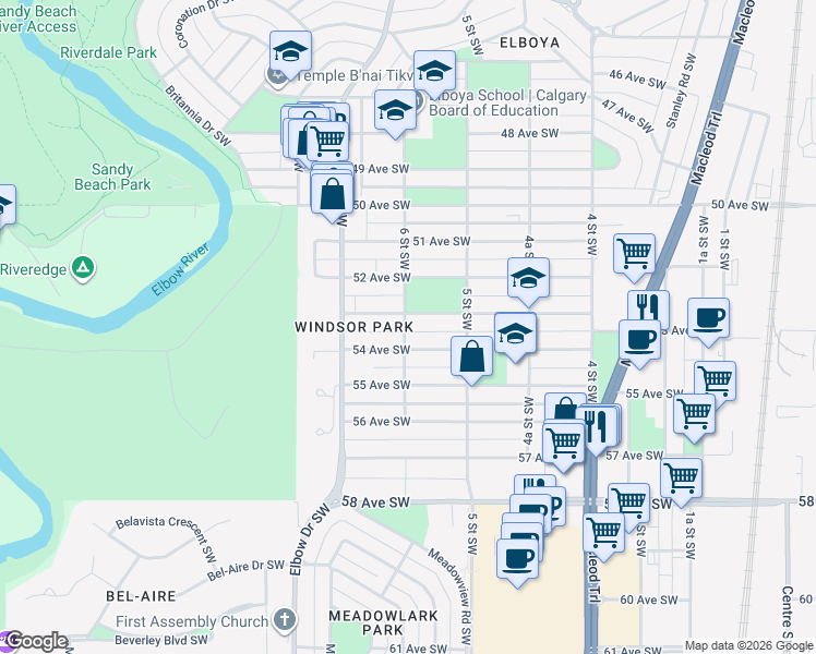 map of restaurants, bars, coffee shops, grocery stores, and more near 625 53 Avenue Southwest in Calgary