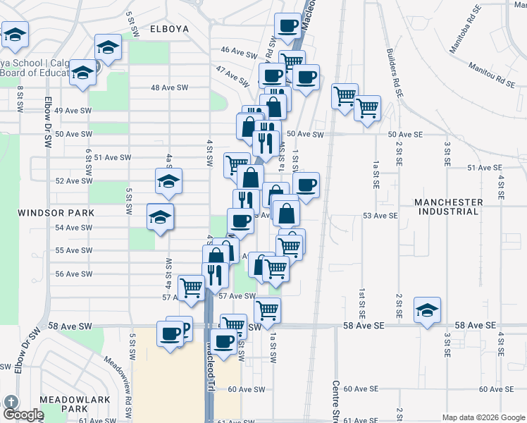 map of restaurants, bars, coffee shops, grocery stores, and more near in Calgary
