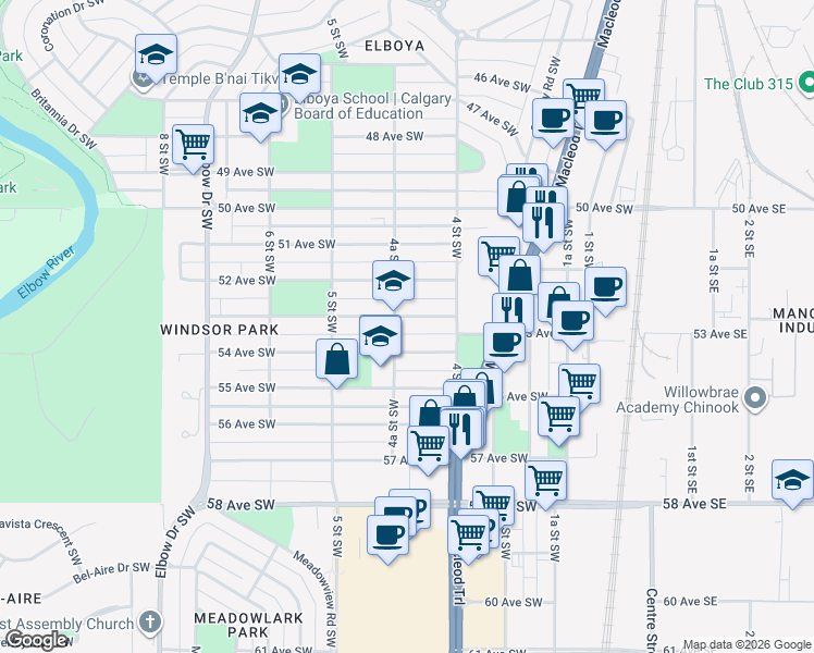 map of restaurants, bars, coffee shops, grocery stores, and more near 434 53 Avenue Southwest in Calgary