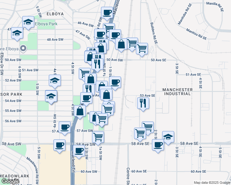 map of restaurants, bars, coffee shops, grocery stores, and more near 5340 1 Street Southwest in Calgary