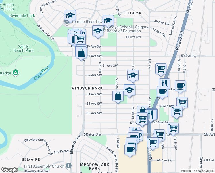 map of restaurants, bars, coffee shops, grocery stores, and more near 625 53 Avenue Southwest in Calgary