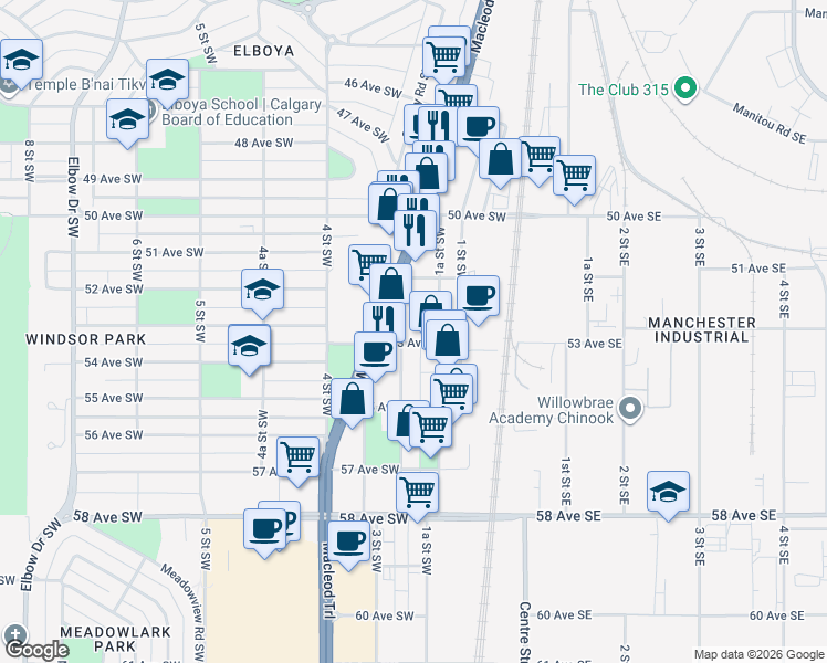 map of restaurants, bars, coffee shops, grocery stores, and more near 5327 1A Street Southwest in Calgary