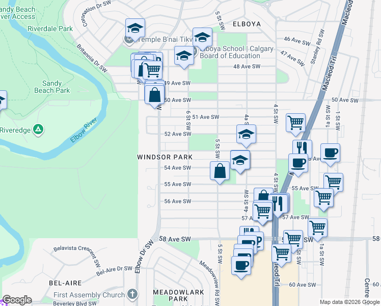 map of restaurants, bars, coffee shops, grocery stores, and more near 625 53 Avenue Southwest in Calgary