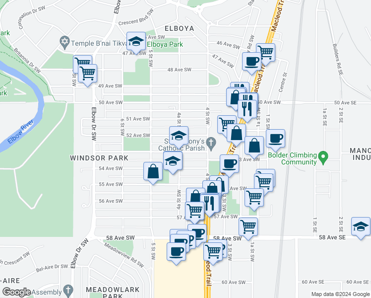 map of restaurants, bars, coffee shops, grocery stores, and more near 434 53 Avenue Southwest in Calgary