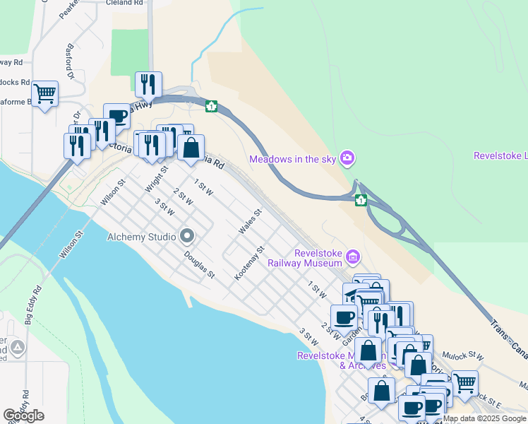 map of restaurants, bars, coffee shops, grocery stores, and more near 1121 Wales Street in Revelstoke