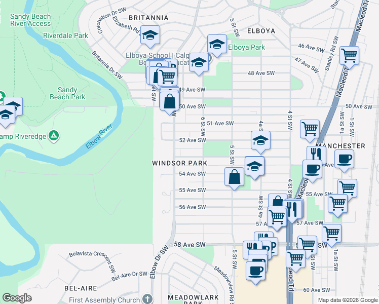 map of restaurants, bars, coffee shops, grocery stores, and more near 707 53 Avenue Southwest in Calgary