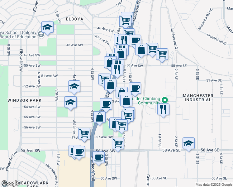 map of restaurants, bars, coffee shops, grocery stores, and more near 5327 1A Street Southwest in Calgary