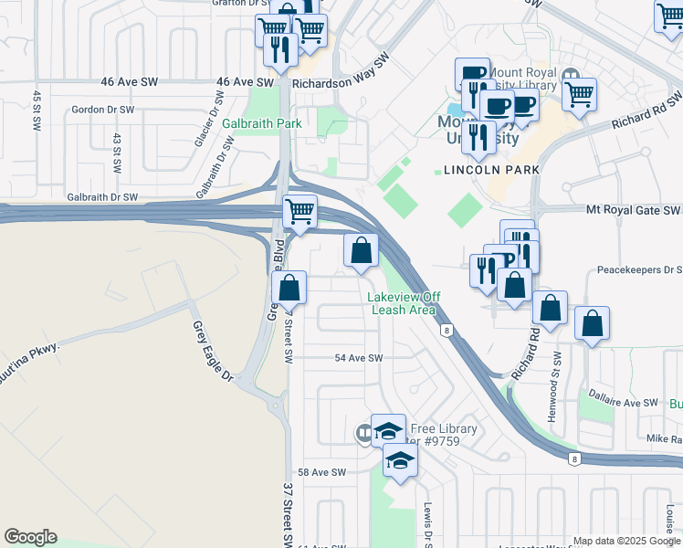 map of restaurants, bars, coffee shops, grocery stores, and more near 5334 Lakeview Drive Southwest in Calgary