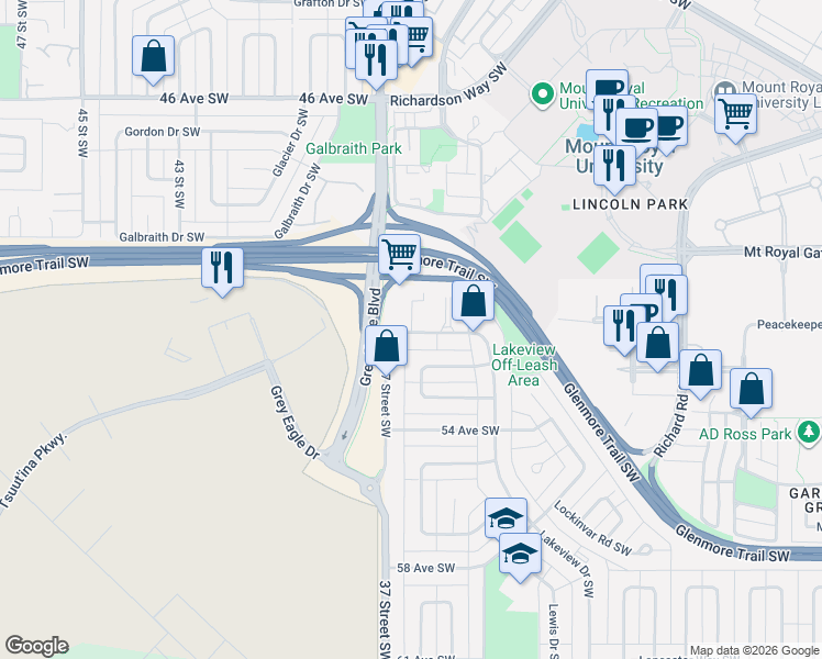 map of restaurants, bars, coffee shops, grocery stores, and more near 5320 Lakeview Drive Southwest in Calgary