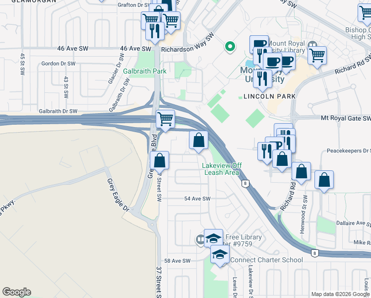 map of restaurants, bars, coffee shops, grocery stores, and more near 5334 Lakeview Drive Southwest in Calgary
