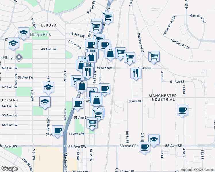 map of restaurants, bars, coffee shops, grocery stores, and more near in Calgary