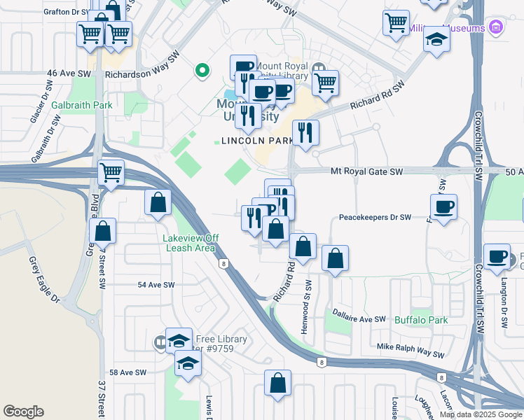 map of restaurants, bars, coffee shops, grocery stores, and more near in Calgary