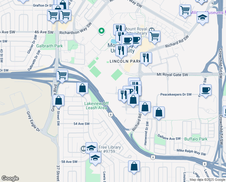 map of restaurants, bars, coffee shops, grocery stores, and more near 35 Richard Court Southwest in Calgary