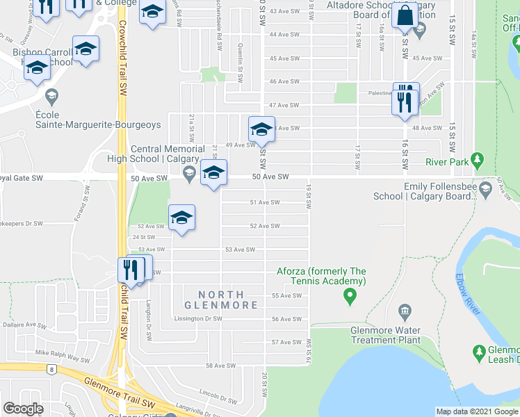 map of restaurants, bars, coffee shops, grocery stores, and more near 2101 51 Avenue Southwest in Calgary