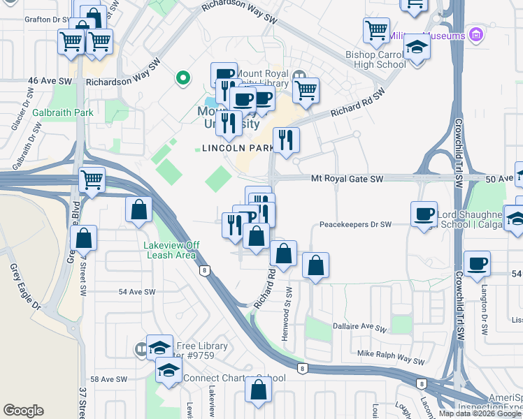 map of restaurants, bars, coffee shops, grocery stores, and more near in Calgary