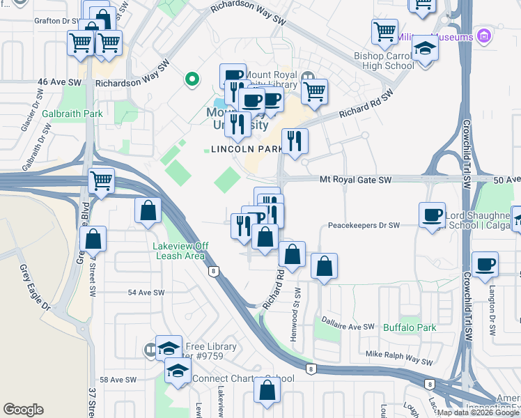 map of restaurants, bars, coffee shops, grocery stores, and more near in Calgary