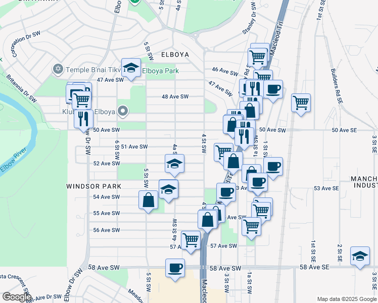 map of restaurants, bars, coffee shops, grocery stores, and more near 421 51 Avenue Southwest in Calgary