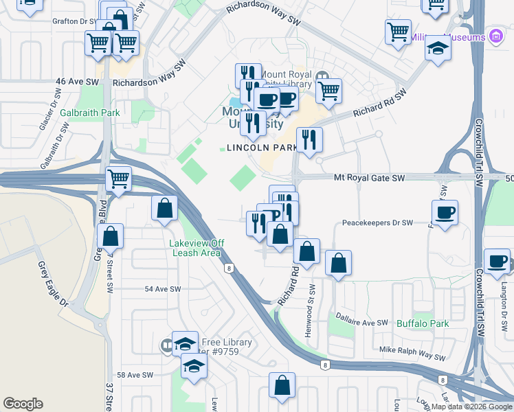 map of restaurants, bars, coffee shops, grocery stores, and more near 22 Richard Place Southwest in Calgary