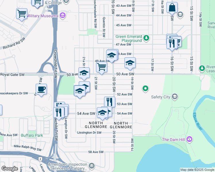 map of restaurants, bars, coffee shops, grocery stores, and more near 2101 51 Avenue Southwest in Calgary