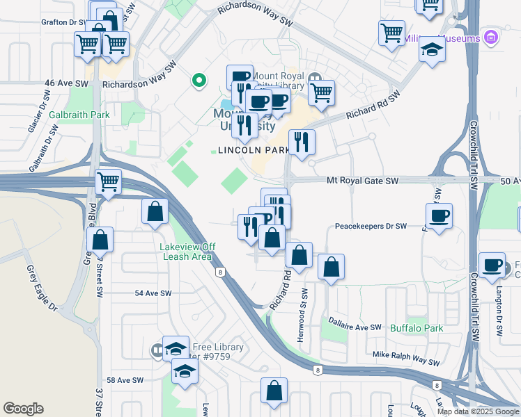 map of restaurants, bars, coffee shops, grocery stores, and more near in Calgary